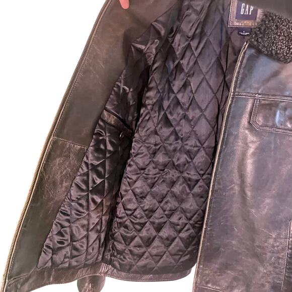Vintage GAP Men's Distressed Black Leather Aviator Jacket Sherpa Collar Size L - Picture 10 of 13